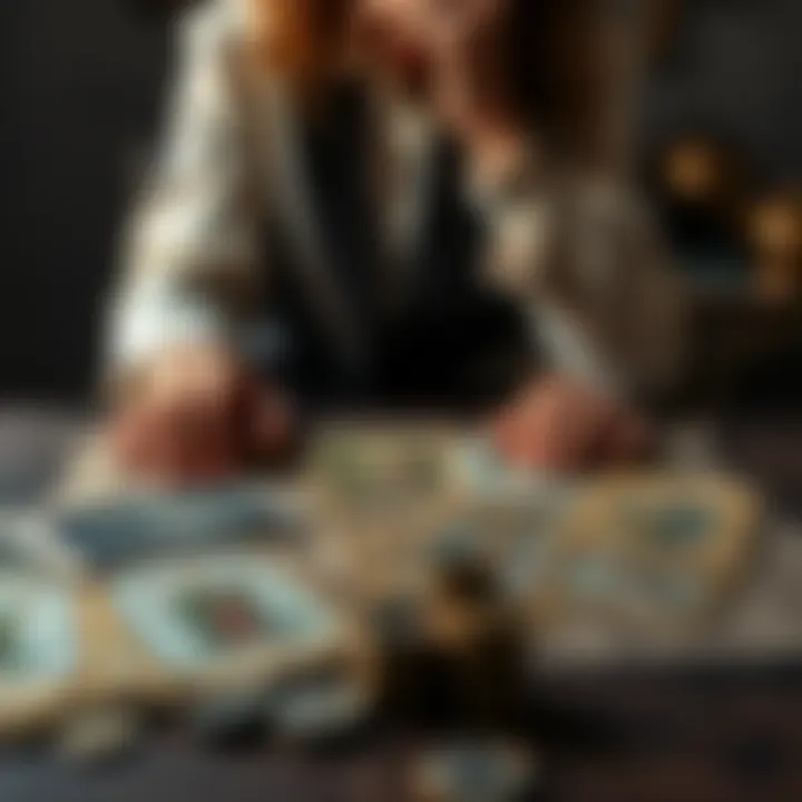 A person sits at a table with tarot cards spread out and a few coins arranged beside them, reflecting on their financial choices and mysticism.