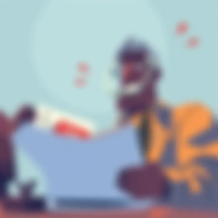 Illustration of a person looking at tax forms and calculating deductions with a worried expression