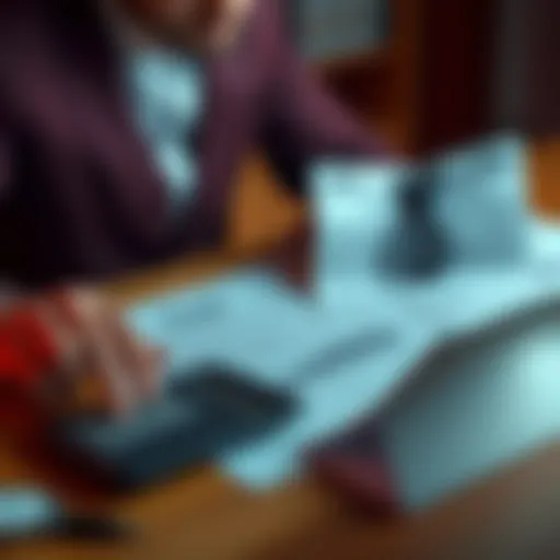 A person reviewing tax documents with a calculator on the table, looking concerned about high tax rates.