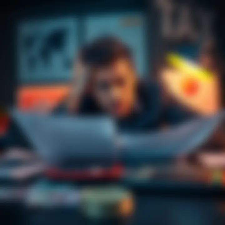 A person looking worried while reviewing betting slips and tax documents on a desk featuring money and a calculator.