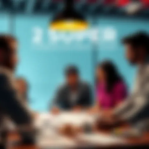 A group of people discussing plans around a table, focused on boosting finances with a new project called Mental 2 SUPER.