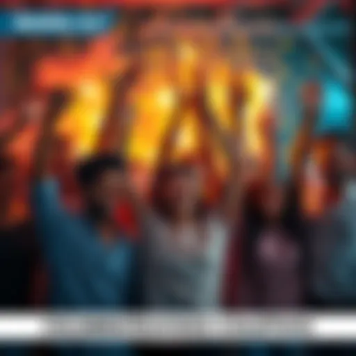 A group of people joyfully celebrating a collective victory with smiles and raised hands.