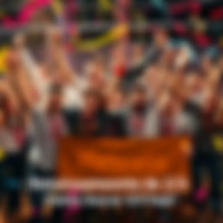 A diverse group of people celebrating their achievements with cheers and smiles, holding banners with goals met. Streamers and confetti in the background create a festive atmosphere.