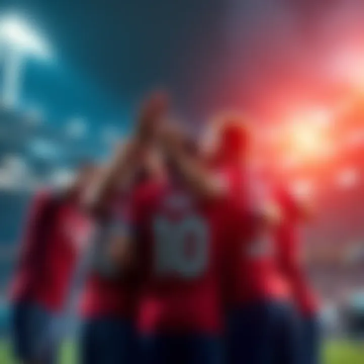 A group of players celebrating in a huddle after achieving three straight victories, showing excitement and team spirit