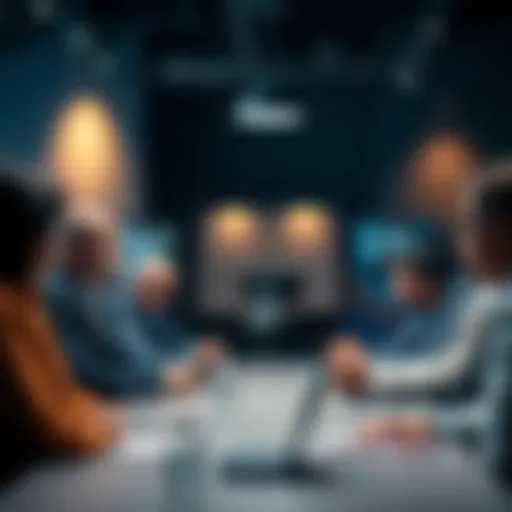 A group of people in a meeting discussing teamwork and performance issues, with one member looking disconnected from the group