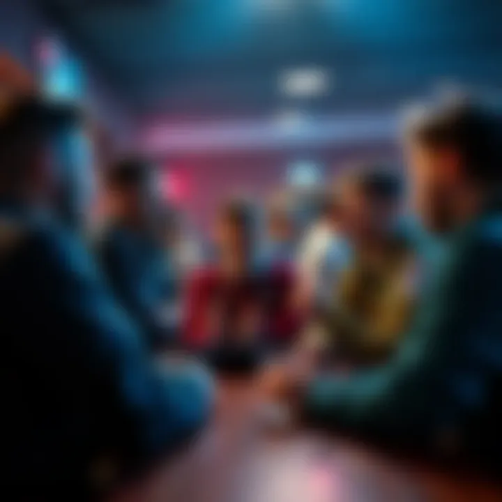 A group of fans discussing the new team lineup at a sports bar, showing excitement and debate.