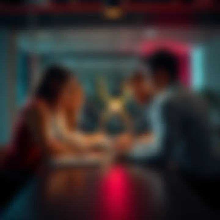 Four people working together at a table, discussing ideas and strategies