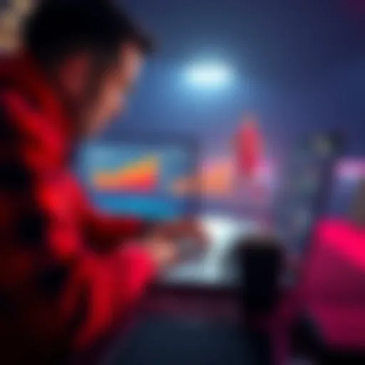 A sports analyst reviewing team selections on a laptop, with charts and performance metrics on the screen.