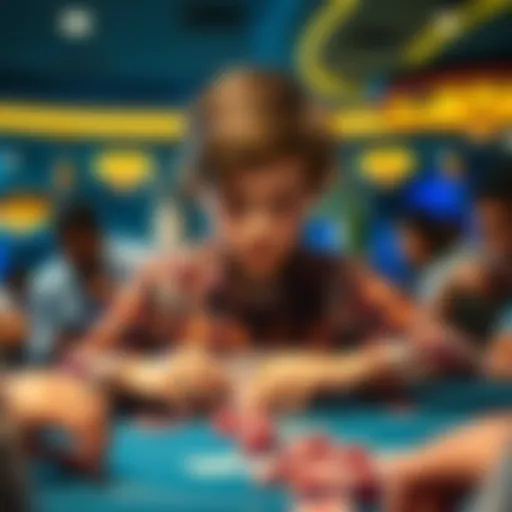 A 16-year-old boy focused on poker cards at a casino table surrounded by chips and friends