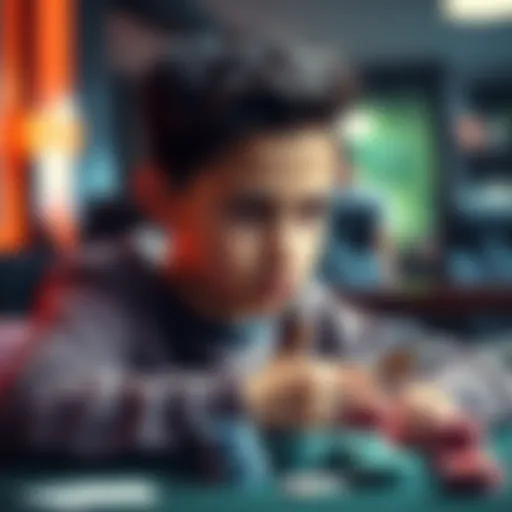 A 14-year-old boy looks thoughtfully at poker chips and cards, pondering whether to play for money despite his father's concerns.