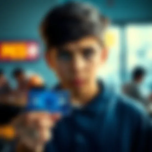 Teen with a Chase bank card A 17-year-old boy holding a Chase bank card, looking concerned about gambling app charges