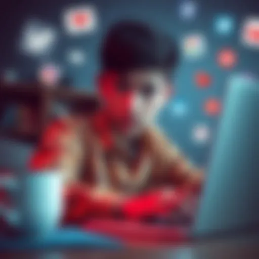 A 17-year-old boy looking concerned while typing on a laptop, surrounded by social media icons