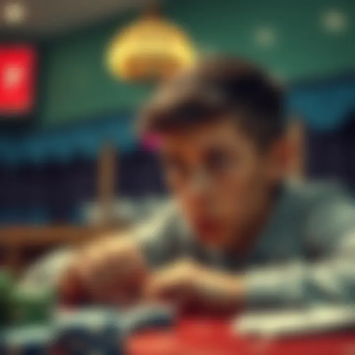 A 14-year-old boy deep in thought while looking at poker chips and cards, questioning whether to wait until he turns 18 to play poker with friends.