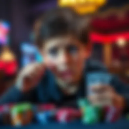A 15-year-old boy looking at poker chips and cards with a worried expression, symbolizing the highs and lows of gambling.