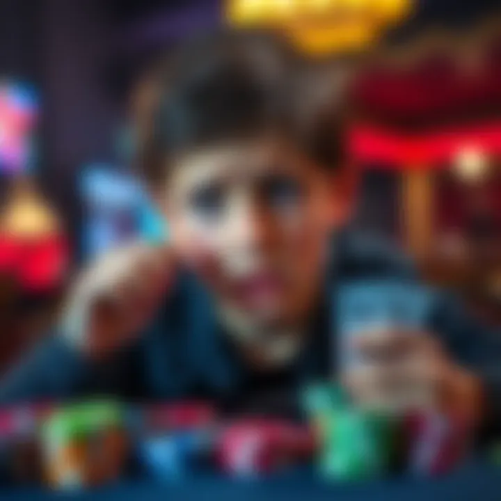 A 15-year-old boy looking at poker chips and cards with a worried expression, symbolizing the highs and lows of gambling.