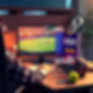 Tennis Bets for French Open A person placing a bet on a tennis match during the French Open with a computer and tennis accessories around