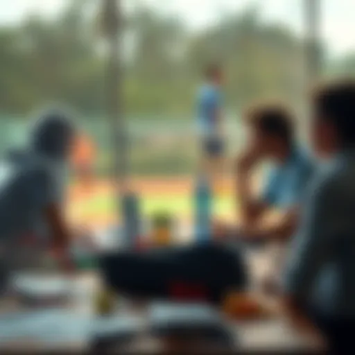 A group of people gathering to discuss tennis betting strategies, with tennis equipment and betting slips visible on a table.