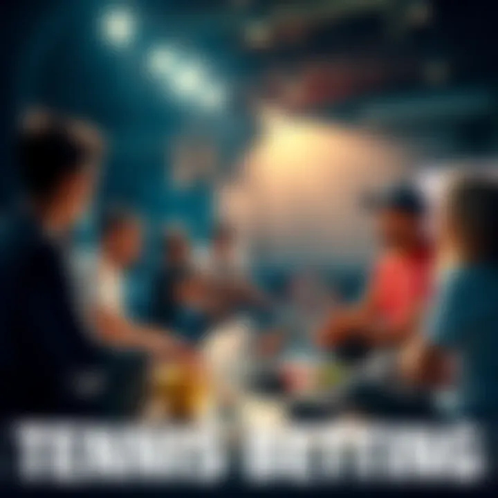 A group of people engaging in a lively discussion about tennis betting strategies, with tennis gear and charts visible.