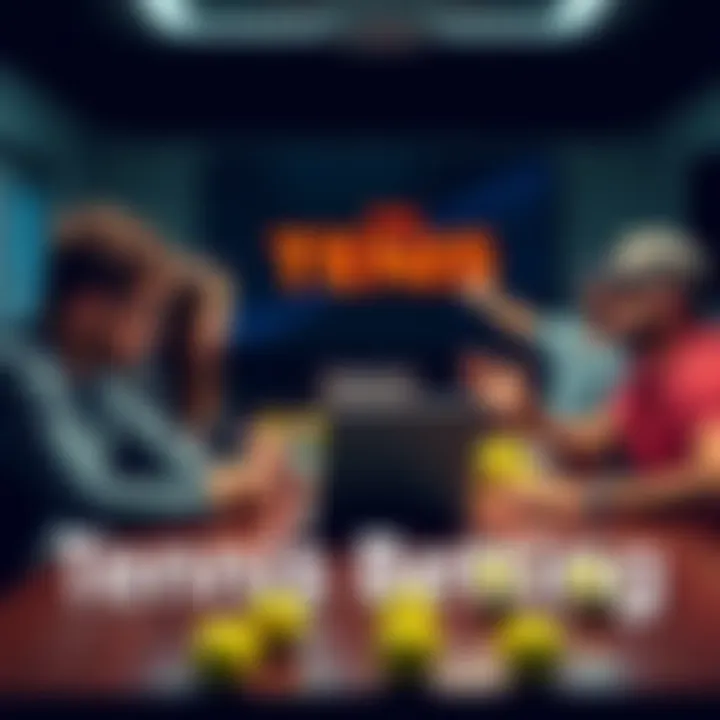 A group of people discussing tennis betting strategies at a table with tennis balls and a laptop