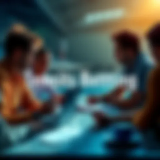 A group of people discussing tennis betting strategies with a laptop and notes on a table