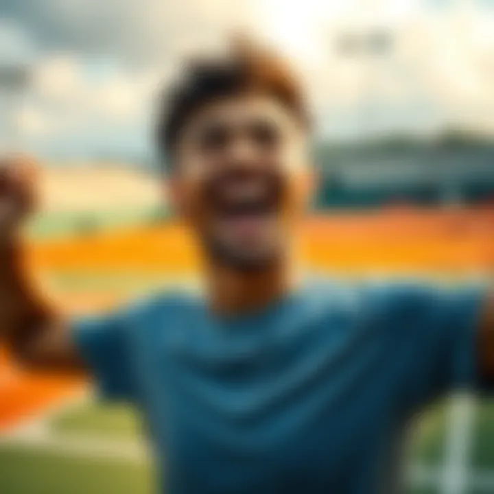 A person celebrating a winning tennis bet with a joyful expression and a tennis court in the background.