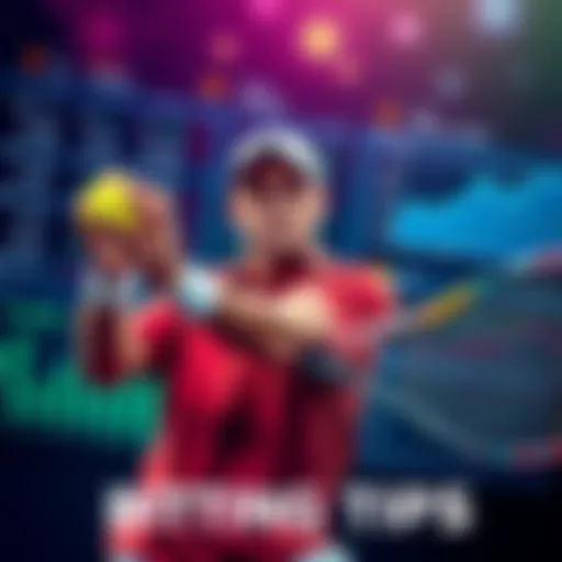 A tennis player serves the ball with betting odds and charts in the background