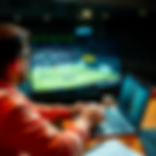 A person placing a bet while watching a tennis match on TV, with betting slips and a laptop on the table.