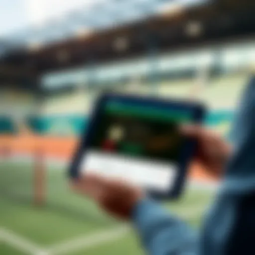 A person reviewing tennis betting options on a tablet with a tennis court in the background
