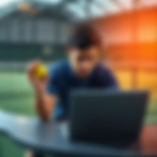 A person looking at betting odds on a laptop while holding a tennis ball, with a court in the background.