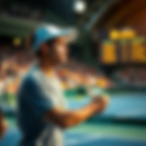 A tennis player preparing to serve with betting odds displayed in the background