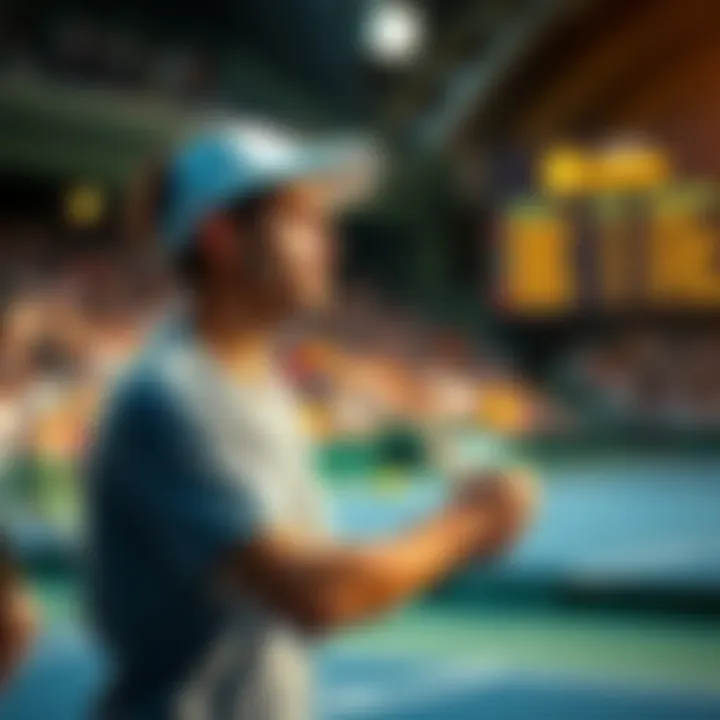 A tennis player preparing to serve with betting odds displayed in the background