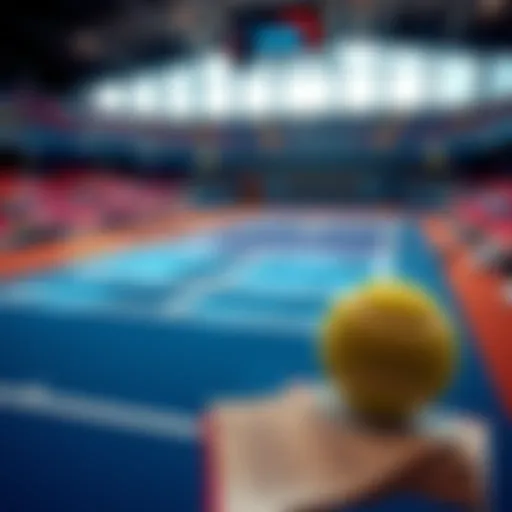 A tennis court with odds and betting slips, showcasing predictions for the US Open.