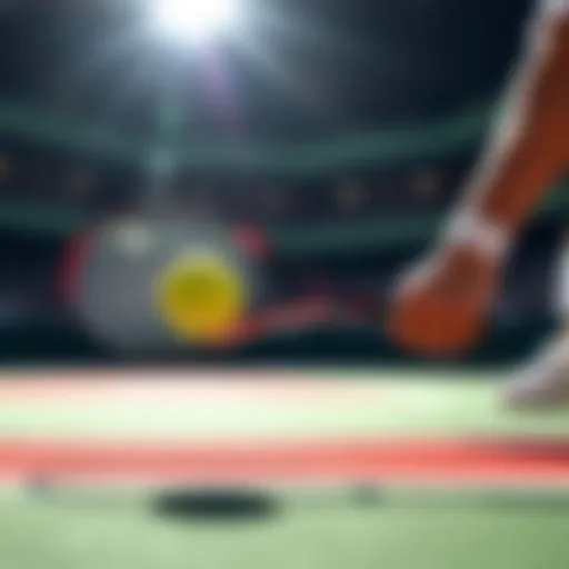 A tennis player's racket hitting a ball on the court, symbolizing betting in tennis matches.