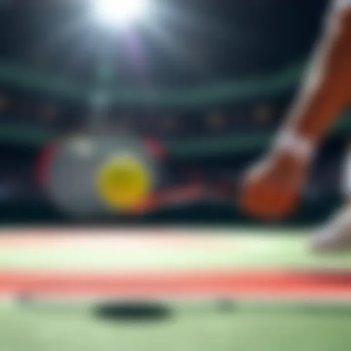 A tennis player's racket hitting a ball on the court, symbolizing betting in tennis matches.