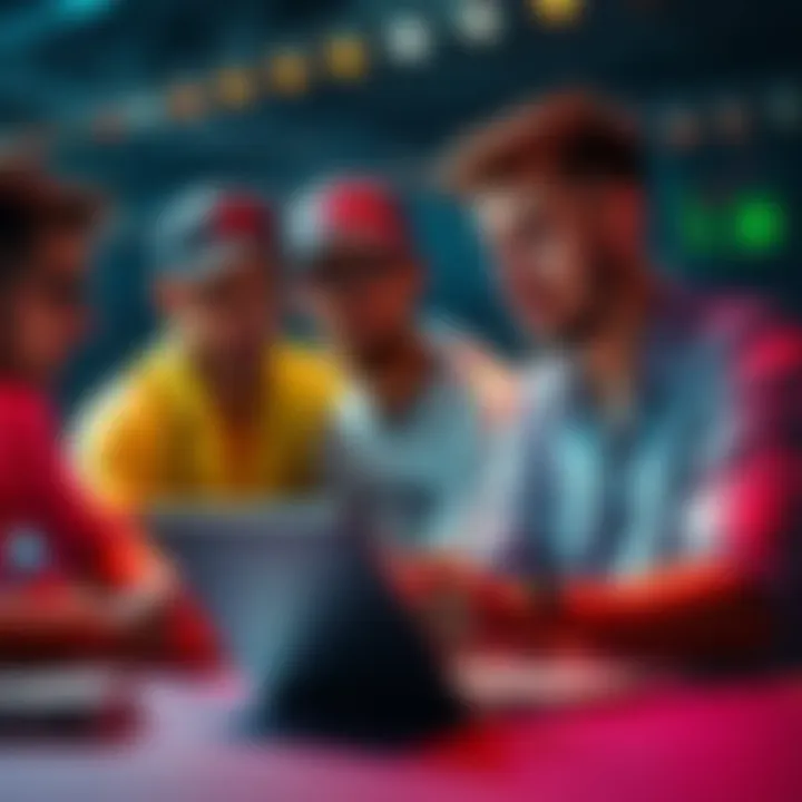 A group of focused bettors discussing tennis strategies while looking at match statistics on a laptop