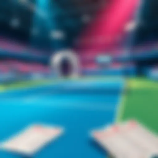 A vibrant tennis court with betting slips and odds displayed, highlighting the excitement of wagering for the US Open in 2025.