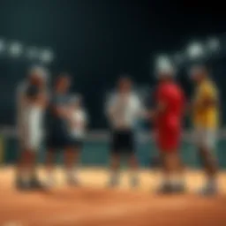 Players and officials discussing during a tennis match interruption due to markings on the court