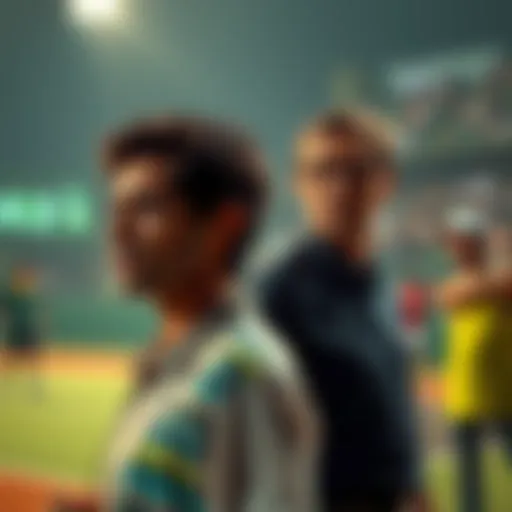 Tennis players and referees in a tense match atmosphere, with expressions of concern as whispers of manipulation arise among the crowd.