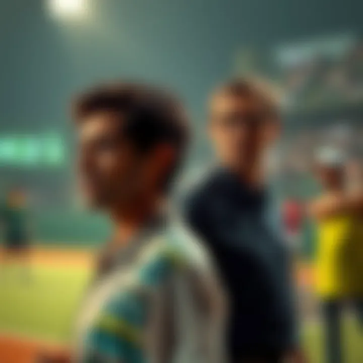 Tennis Match in Scandal Tennis players and referees in a tense match atmosphere, with expressions of concern as whispers of manipulation arise among the crowd.