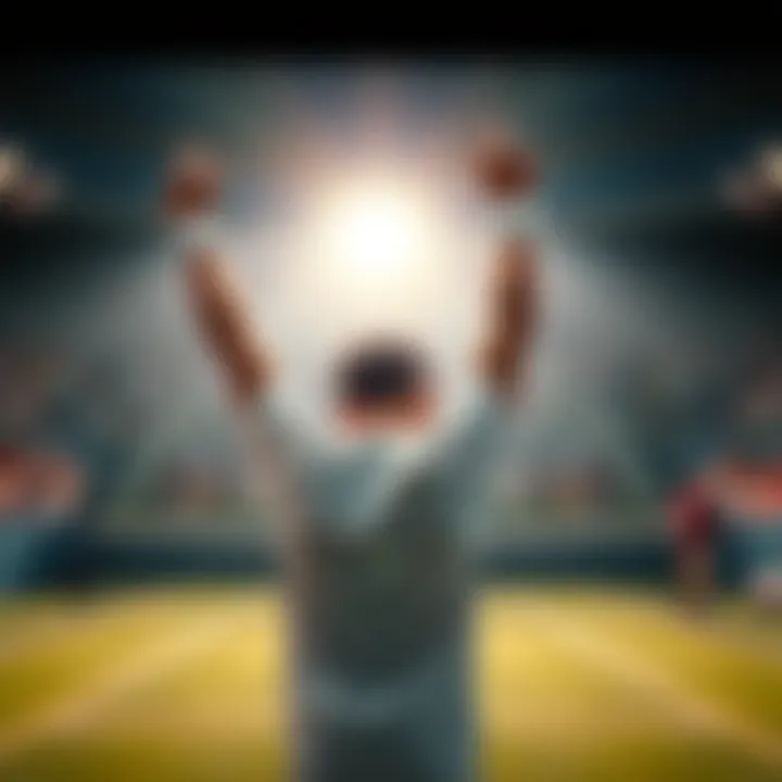 A tennis player raises their arms in celebration on the court after winning a match, showing joy and excitement.