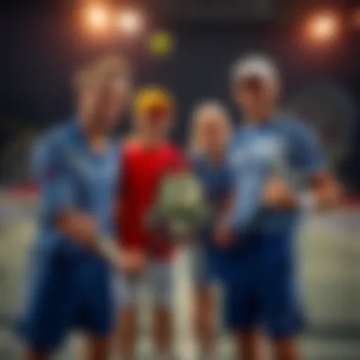 Tennis players holding tennis rackets and cash at a court