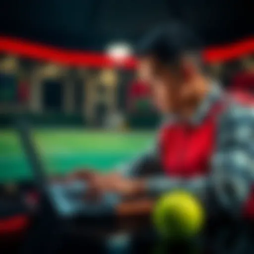 A person examining sports betting odds related to tennis on a laptop, with a tennis ball and racket on the side.