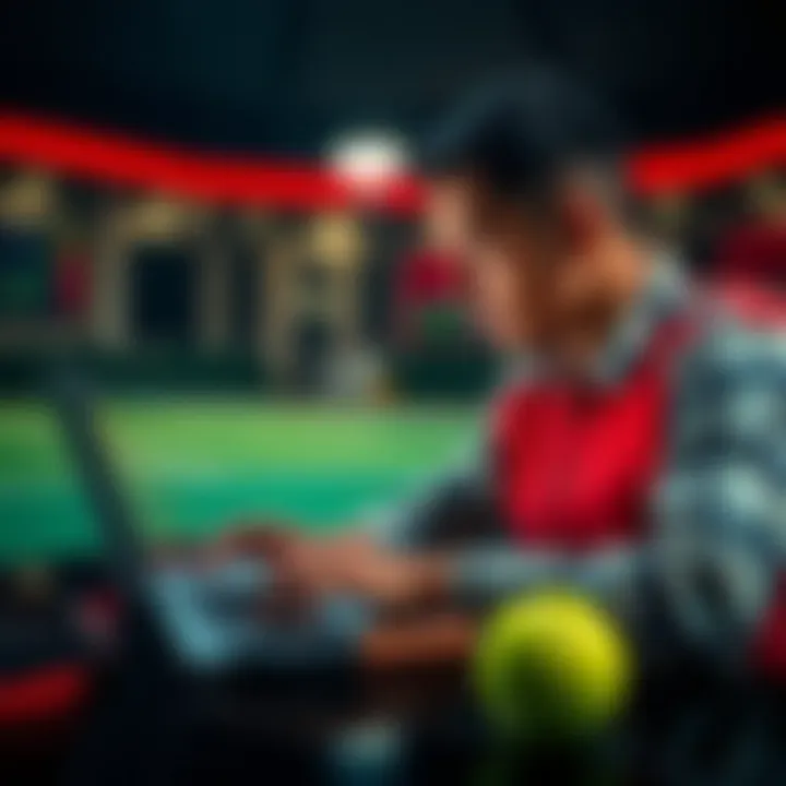A person examining sports betting odds related to tennis on a laptop, with a tennis ball and racket on the side.