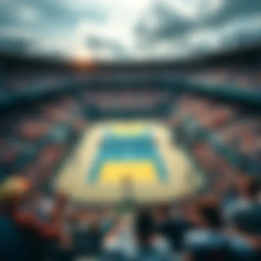 Exciting tennis action during a match at the US Open, with players competing on the court and fans cheering in the stands.