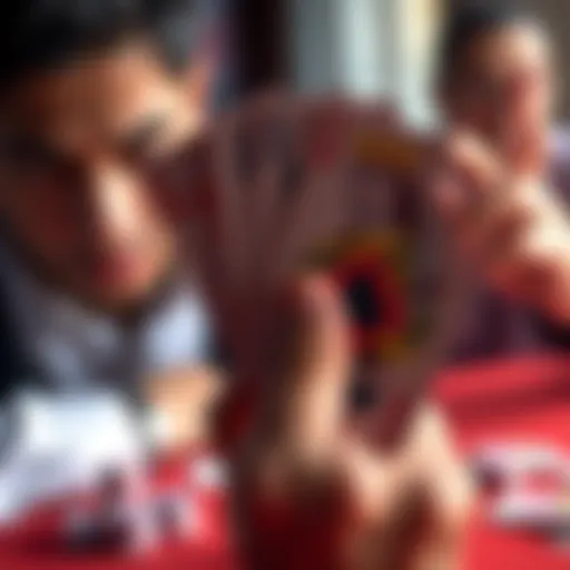 A close-up of a hand holding playing cards, showing an Ace and a King, with a nervous expression on a player's face in the background