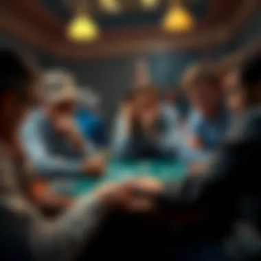 A group of players at a card table, showing expressions of frustration and disbelief during a tense moment in the game.