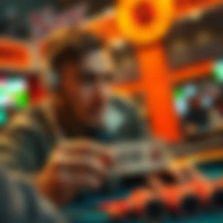 Tense moment in gambling A player anxiously watches a game, holding a $50 bet slip, anticipation evident on their face.