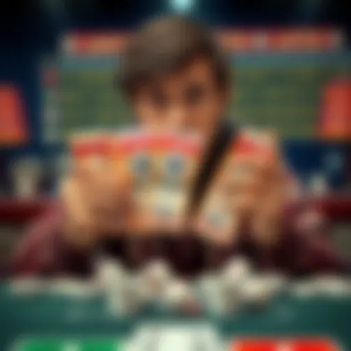 Testing Luck with Lottery Tickets A person looking disappointed while holding several losing lottery tickets, surrounded by empty cups and a game board in the background.