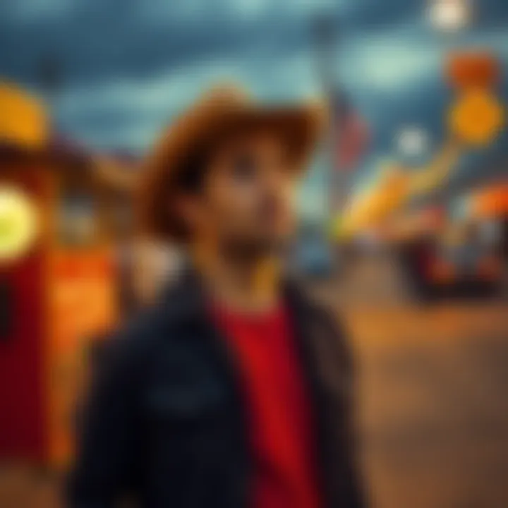 A confused Texan standing in an Illinois setting, looking around with a puzzled expression.
