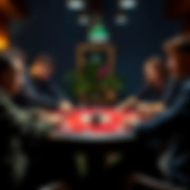 Group of friends playing Texas Hold'em poker at a table with chips and cards